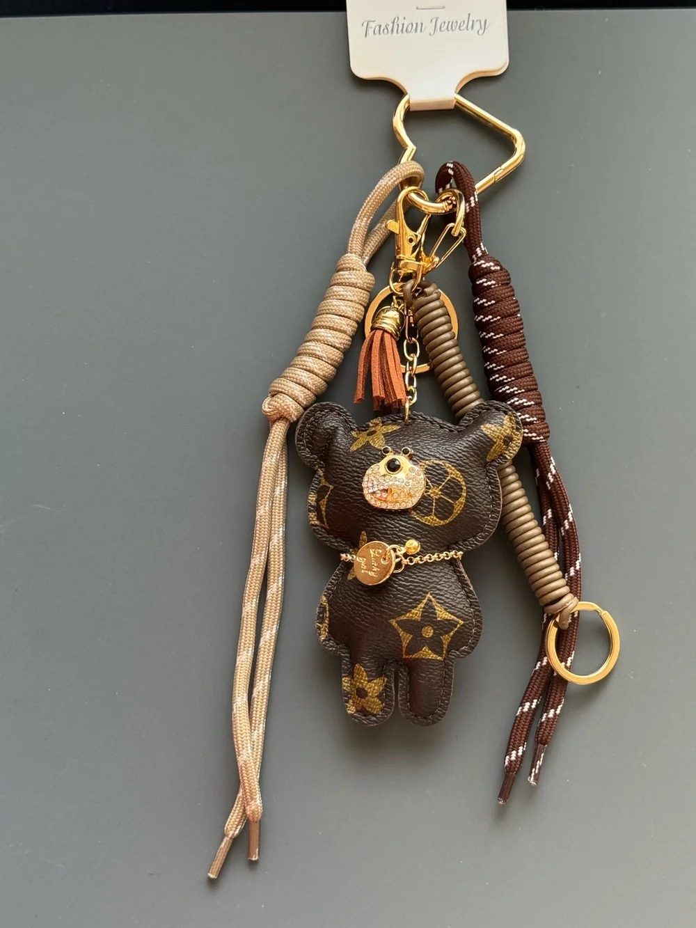 Brown Floral Bear Bag Charm Keychain Gold Accent Coordinating Cord NWT